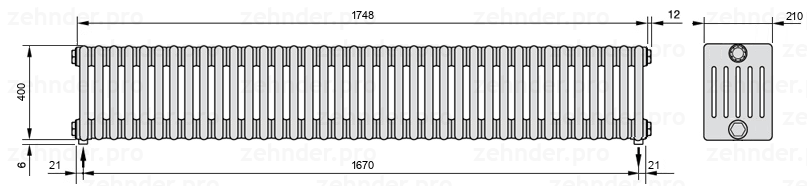Схема (чертеж) Радиатор Zehnder Charleston 6040/38 №5310 Белый глянцевый RAL 9016